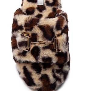 Leopard Faux Fur Open Toe Slipper with Gold Metal Bar Accent